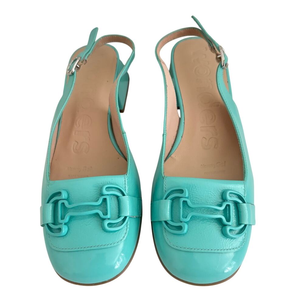 NWT Wonders Spain Charo Aqua Patent Leather Slingbacks Shoes Block Heel Buckle